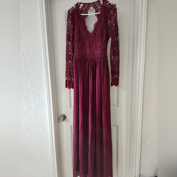 Lulus Awaken My Love Burgundy Awaken My Love Burgundy Long Sleeve Lace Maxi  Dress